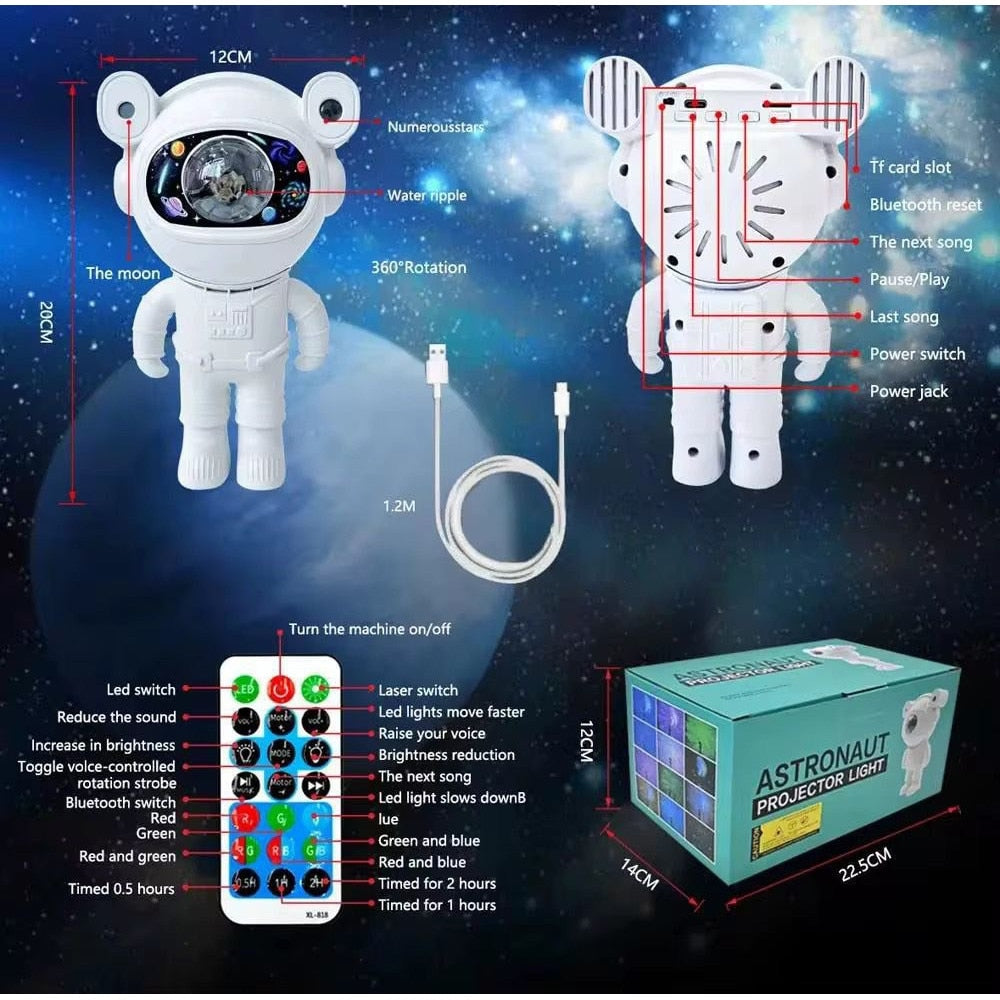 Proiector Astronaut Galaxy Light cu muzica Bluetooth, telecomanda si efect cer instelat – lampa de atmosfera pentru copii si adulti