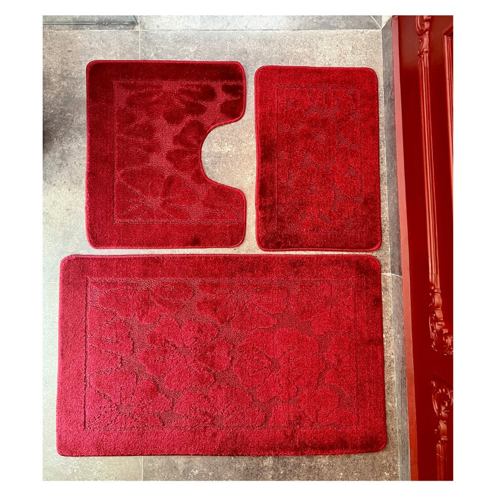 Set covoras baie 3 piese, polipropilena, 80x50cm, 50x40cm, 40x60cm, Rosu Burgundy