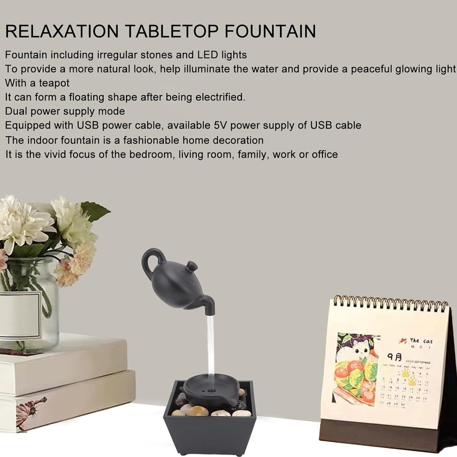 Fantana feng shui arteziana decorativ, AFKSMILE, Fantana de interior, Cu cablu de date USB, Designul fierbatorului, 5V, Apa Circulanta, Relaxeaza-ti corpul si mintea, Pentru decorarea biroului, camera de zi, studiu, Plastic, 13*18*28cm, Negru