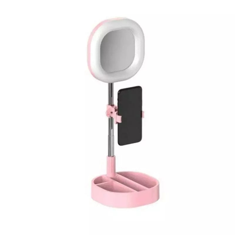 Lampa circulara patrata SIKS® de machiaj, cu oglinda si suport telefon/accesorii, portabil, 64 leduri, roz