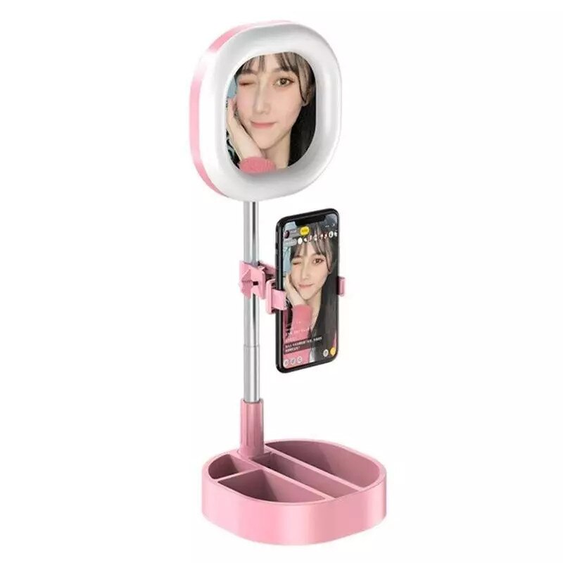 Lampa circulara patrata SIKS® de machiaj, cu oglinda si suport telefon/accesorii, portabil, 64 leduri, roz
