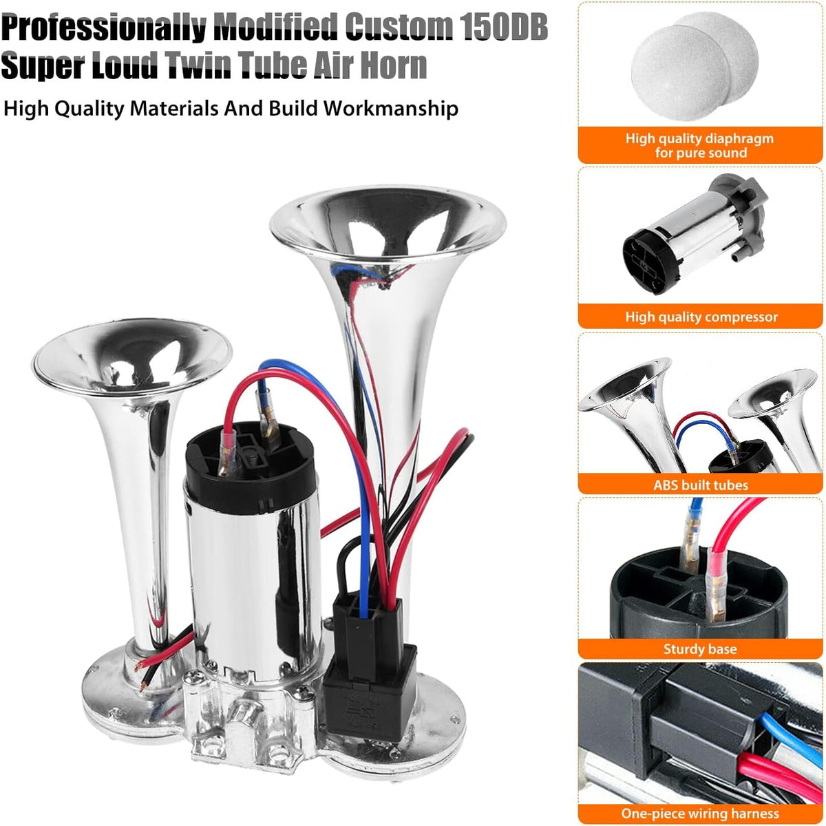 Claxon electric super puternic, Aliaj Zinc / Aluminiu, 12V, 150 dB, Design cu doua trompete, Argintiu