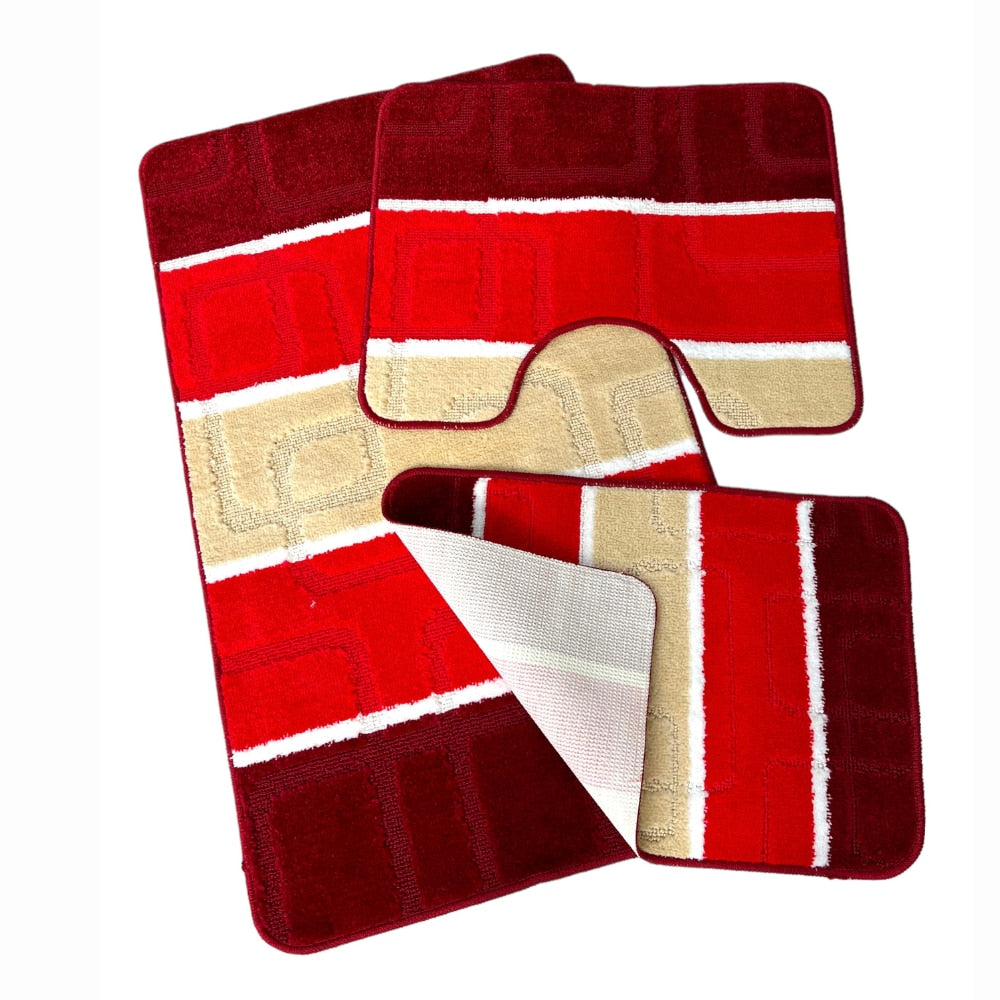 Set covoras de baie 3 piese, polipropilena, 100x60, 60x50, 40x60, Rosu Multicolor