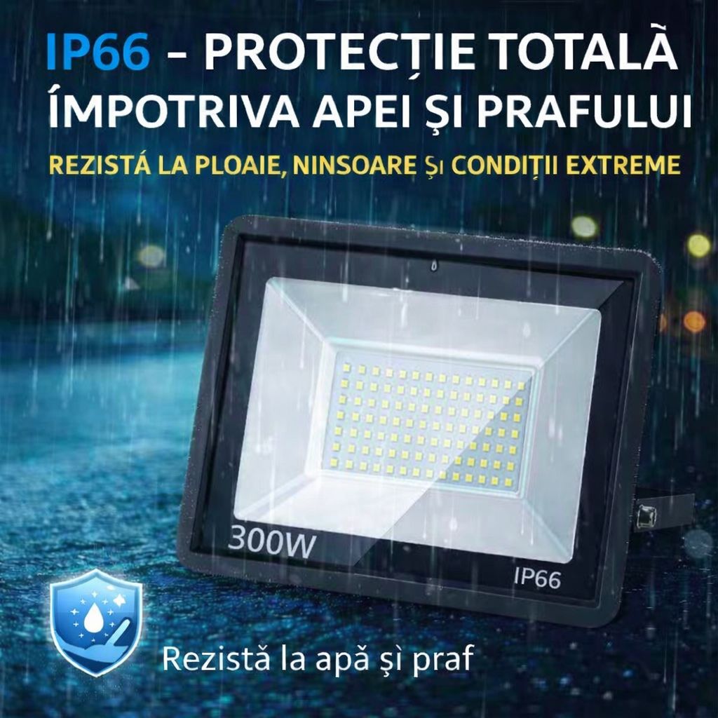 Proiector LED 300W Exterior, 168 LED-uri, Lumina Rece Intensa, Carcasa Aluminiu + Sticla, 15000 Lumeni, IP66 Rezistent la Apa si Praf, Alimentare 220V, Curte, Garaj, Parcare, Iluminare Profesionala