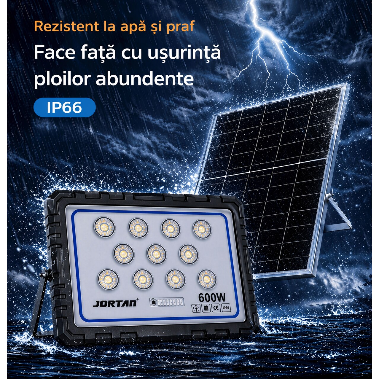 Proiector Solar LED JORTAN 600W Exterior, 11 LED-uri SMD, Lumina Alb Rece Puternica, IP66 Rezistent la Apa si Praf, Panou Solar Separat, Telecomanda, Autonomie Mare, Iluminare Curte, Gradina, Parcare, Drumuri, Spatii Comerciale