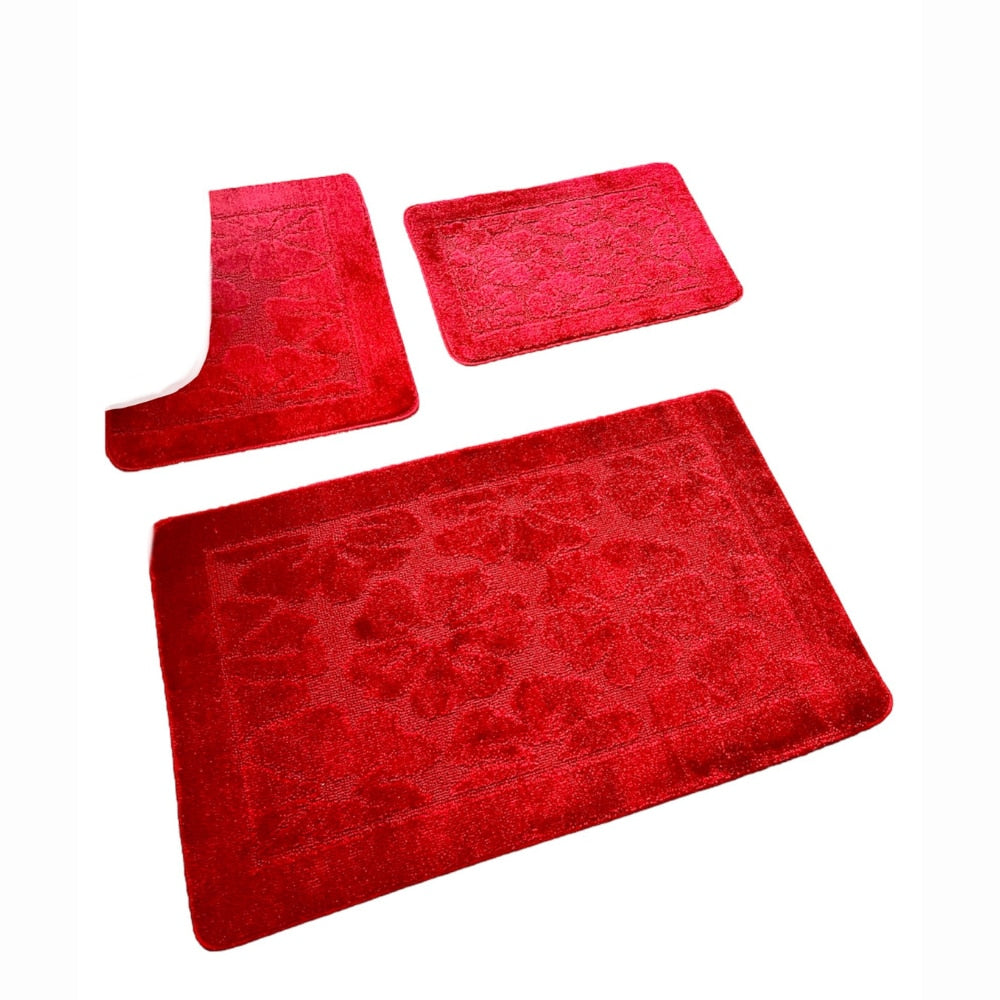 Set covoras baie 3 piese, polipropilena, 80x50cm, 50x40cm, 40x60cm, Rosu Burgundy