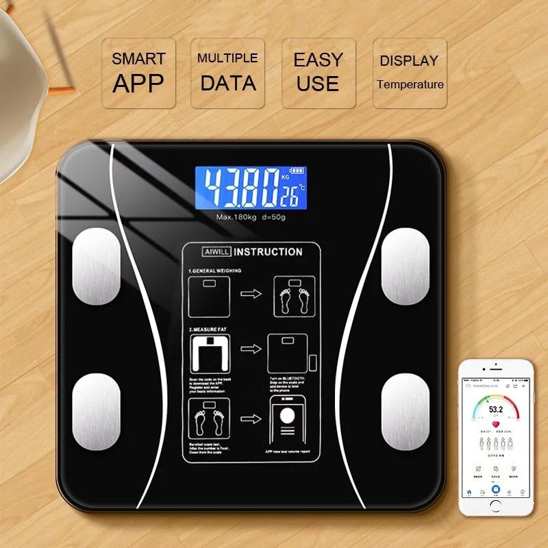 Cantar Inteligent Cu Aplicatie Smart, Bluetooth, Ecran Digital LCD, Sticla Securizata, Fitness Tracking, Maxim 180 kg, Corporal, Antialunecare, Negru