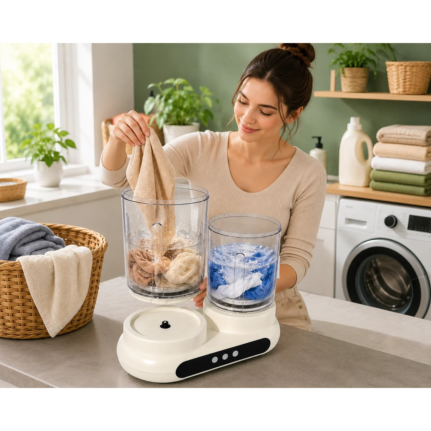 Mini masina de spalat portabila, cu dublu tambur, capacitate 3L (2x1.5L), complet automata, pentru lenjerie si sosete, afisaj LED, compacta, alb/transparent