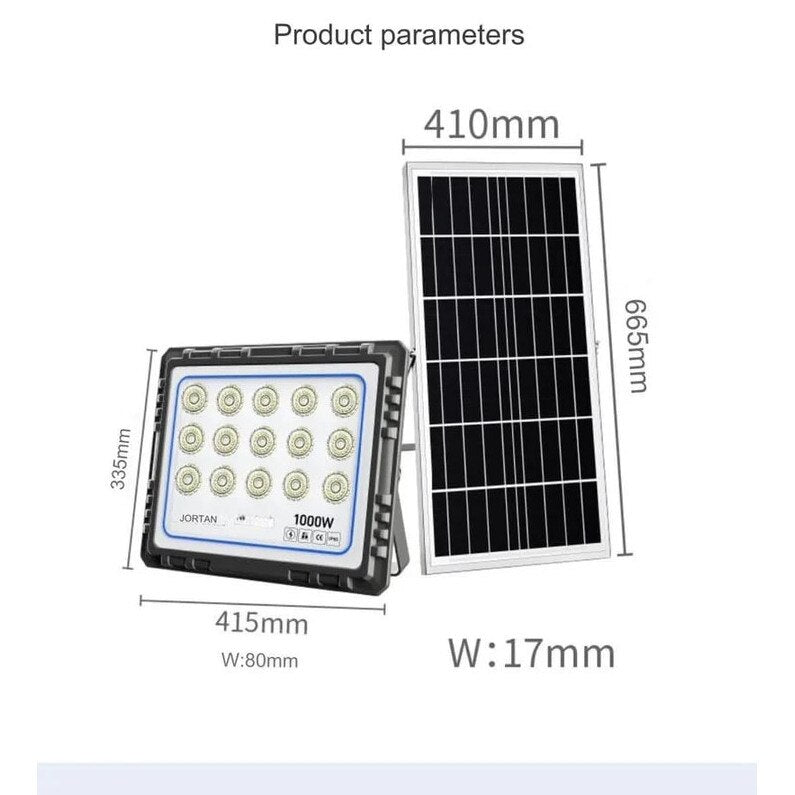Proiector Solar LED JORTAN 1000W Exterior, 15 LED-uri SMD, Lumina Alb Rece Puternica, IP66 Rezistent la Apa si Praf, Panou Solar Separat, Telecomanda, Autonomie Mare, Iluminare Curte, Gradina, Parcare, Drumuri, Spatii Comerciale