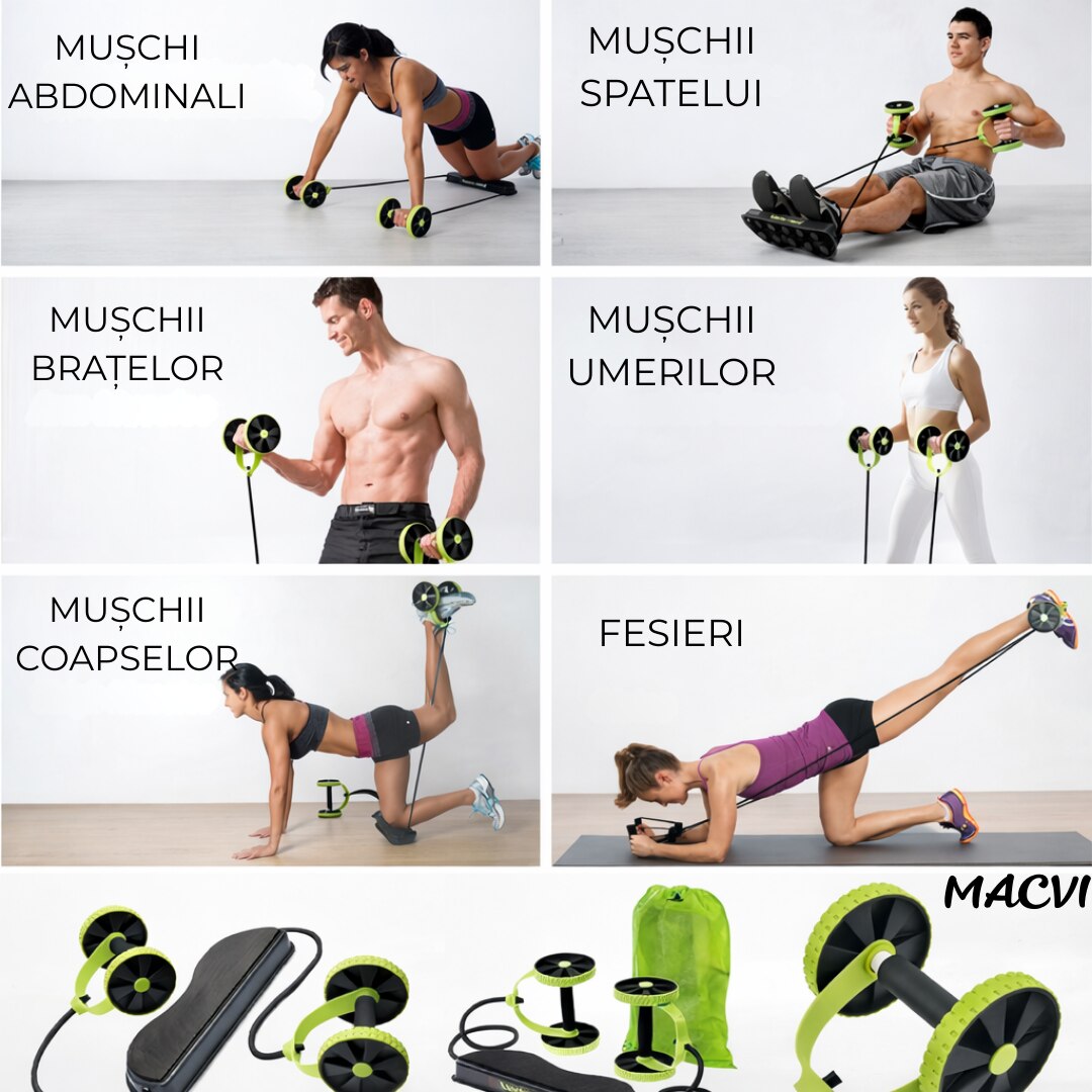 Aparat fitness Macvi® cu role duble si corzi elastice, pentru abdomene, spate, brate si picioare, cu baza antiderapanta