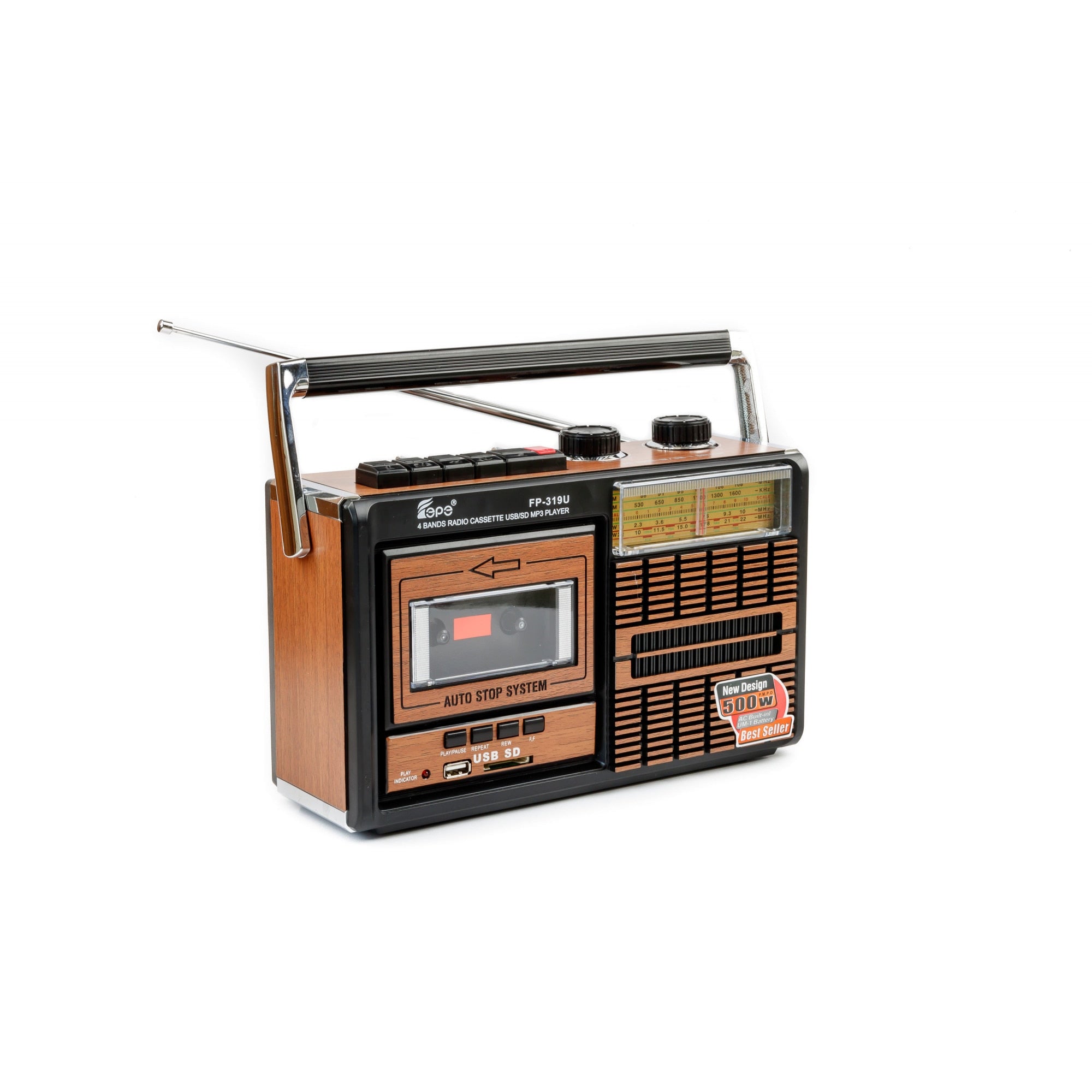Radio casetofon portabil cu MP3 Player Fepe FP-319U, USB, SD card, AM/FM/SW1/SW2, culoare Negru-maro
