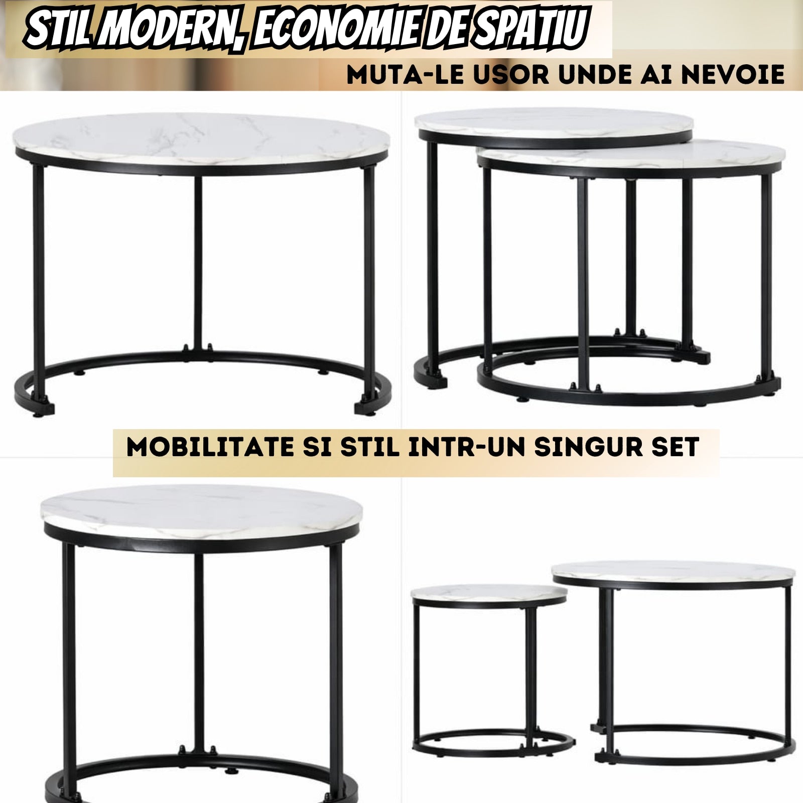 Set 2 Mese Cafea Nesting Premium Infiniteea™️, Living/Office, Design Rotund Elegant, Blat MDF, Aspect Marmura Alba, Structura Metalica Neagra, Stil Modern Rafinat, Economisire Spatiu, Mese suprapuse Alb/Negru, Diametru 50/50cm si 70/70