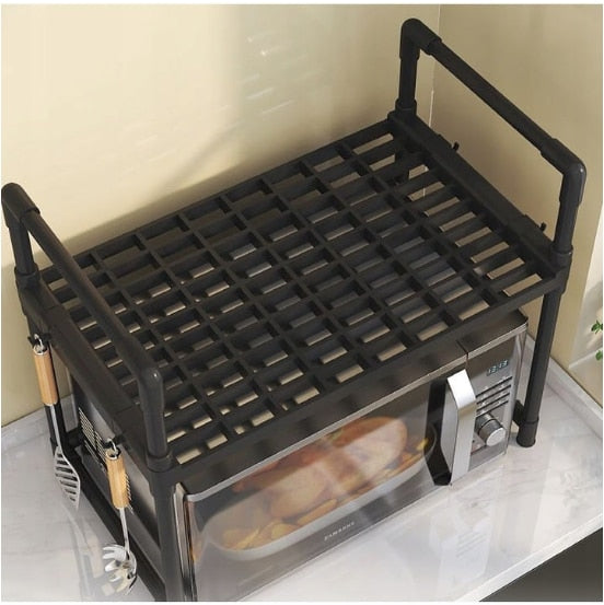 Raft Organizator pentru Cuptor Microunde DMV Solux, Etajera Bucatarie cu Agatatori Laterale, Suport Multifunctional din Plastic Rezistent, Organizator Raft Dublu pentru Blat, Economisire Spatiu, 49x48x32 cm, Negru Elegant