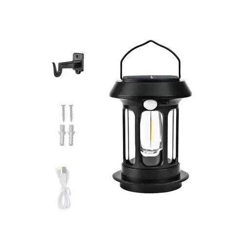 Lanterna solara cu senzor pentru exterior, plastic negru, reincarcare solara si incarcare USB