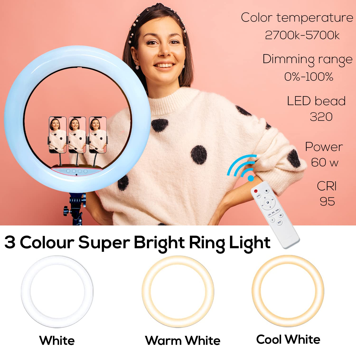 Cerc Luminos Ring Light LED 45cm/18inch, 3 moduri de lumina, 10 trepte reglaj, 3 suporti telefon, telecomanda selfie, trepied 210cm inclus