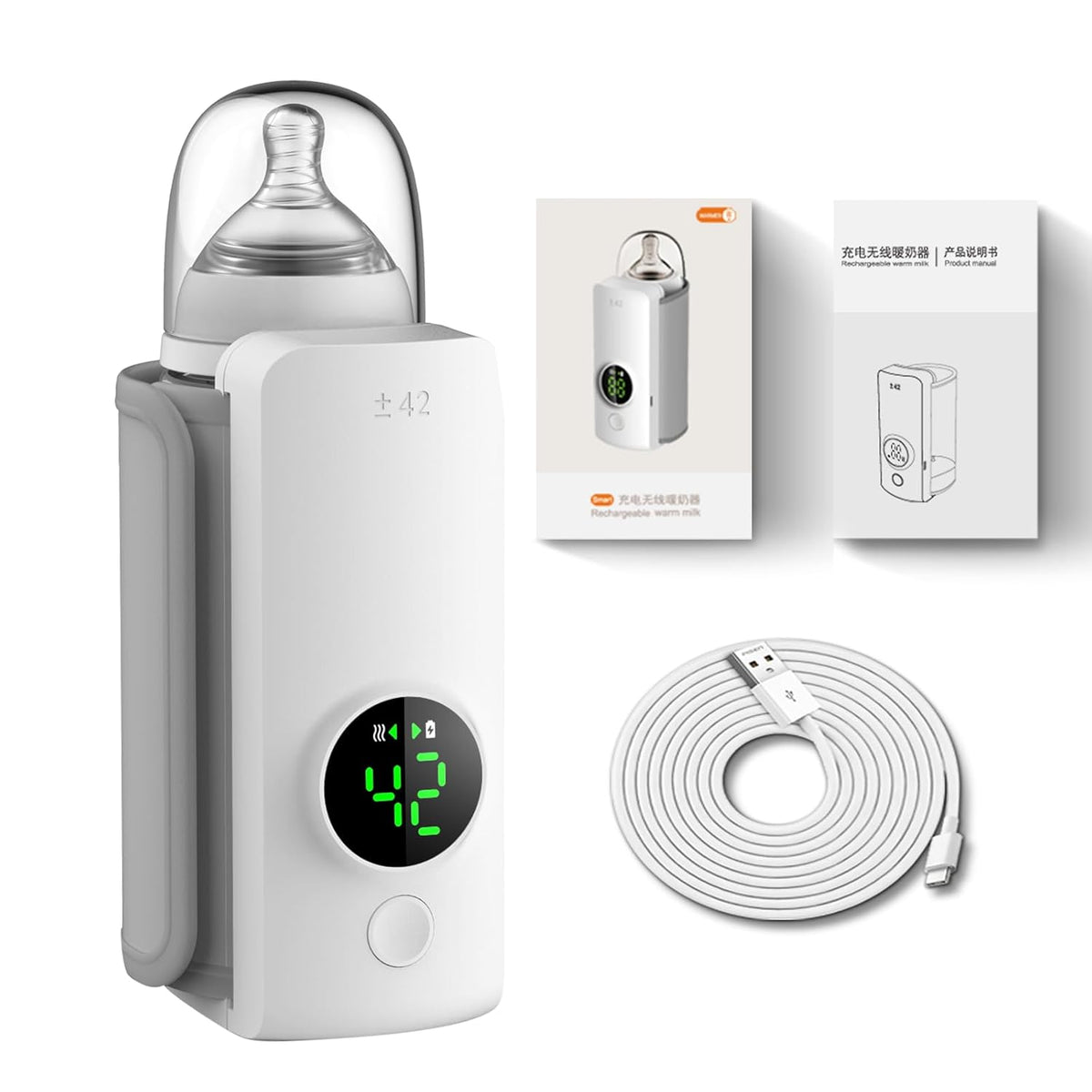 Incalzitor Biberoane Portabil, Control Termic 6 Trepte, Afisaj Digital, Incarcare USB, Baterie 5000mAh, Temperatura Constanta 24H, Coral, Husa Transport Inclusa