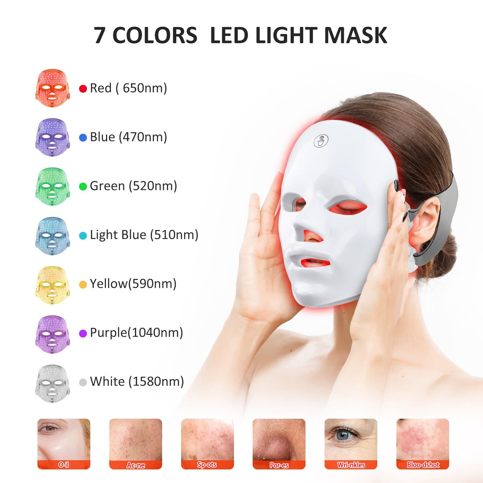 Masca LED pentru fata BHW, 7 culori, tratament anti-rid si rejuvenare, alb, utilizare casnica/profesionala, Portabil, fara fir, reincarcabil, Terapia cu lumina rosie, anti-imbatranire