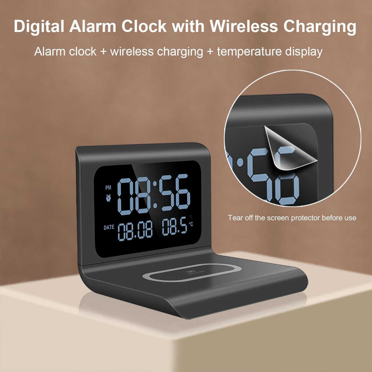 Ceas 3 in 1 Decorativ Digital Multifunctional, Bedee®, Ambele parti sunt detasabile, cu Alarma Electrica, Temperatura, Incarcare Wireless, Ecran mare de LED, incarcare rapida wireless de 15W, silentioasa, compatibila cu mai multe telefoane mobile