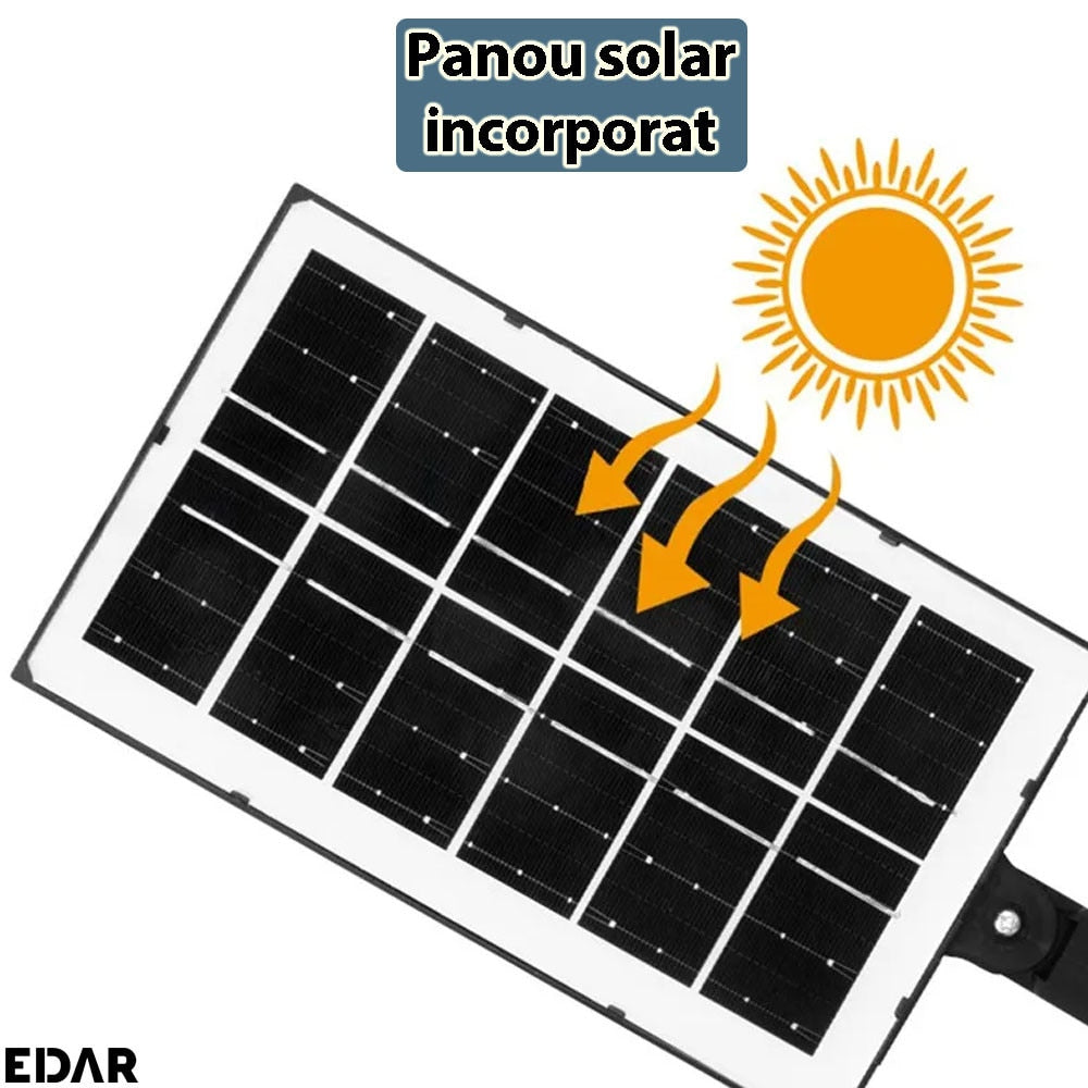 Lampa Solara EDAR Pentru Exterior Cu Montare Pe Perete, Panou Solar Incorporat, Control Telecomanda, 3 Moduri De Lumina, Grad Protectie IP65, Rezistenta La Apa, 270 Led, Negru