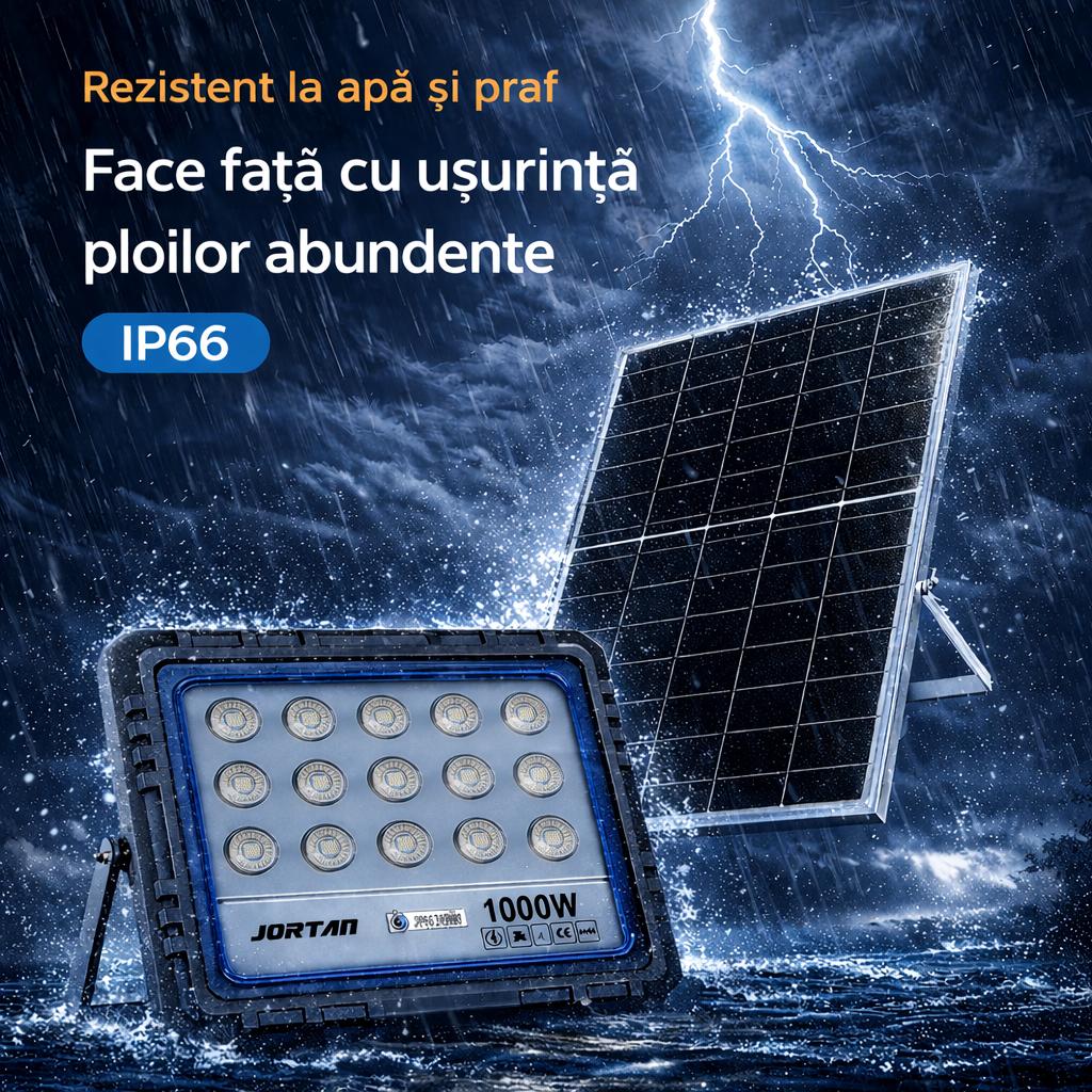 Proiector Solar LED JORTAN 1000W Exterior, 15 LED-uri SMD, Lumina Alb Rece Puternica, IP66 Rezistent la Apa si Praf, Panou Solar Separat, Telecomanda, Autonomie Mare, Iluminare Curte, Gradina, Parcare, Drumuri, Spatii Comerciale
