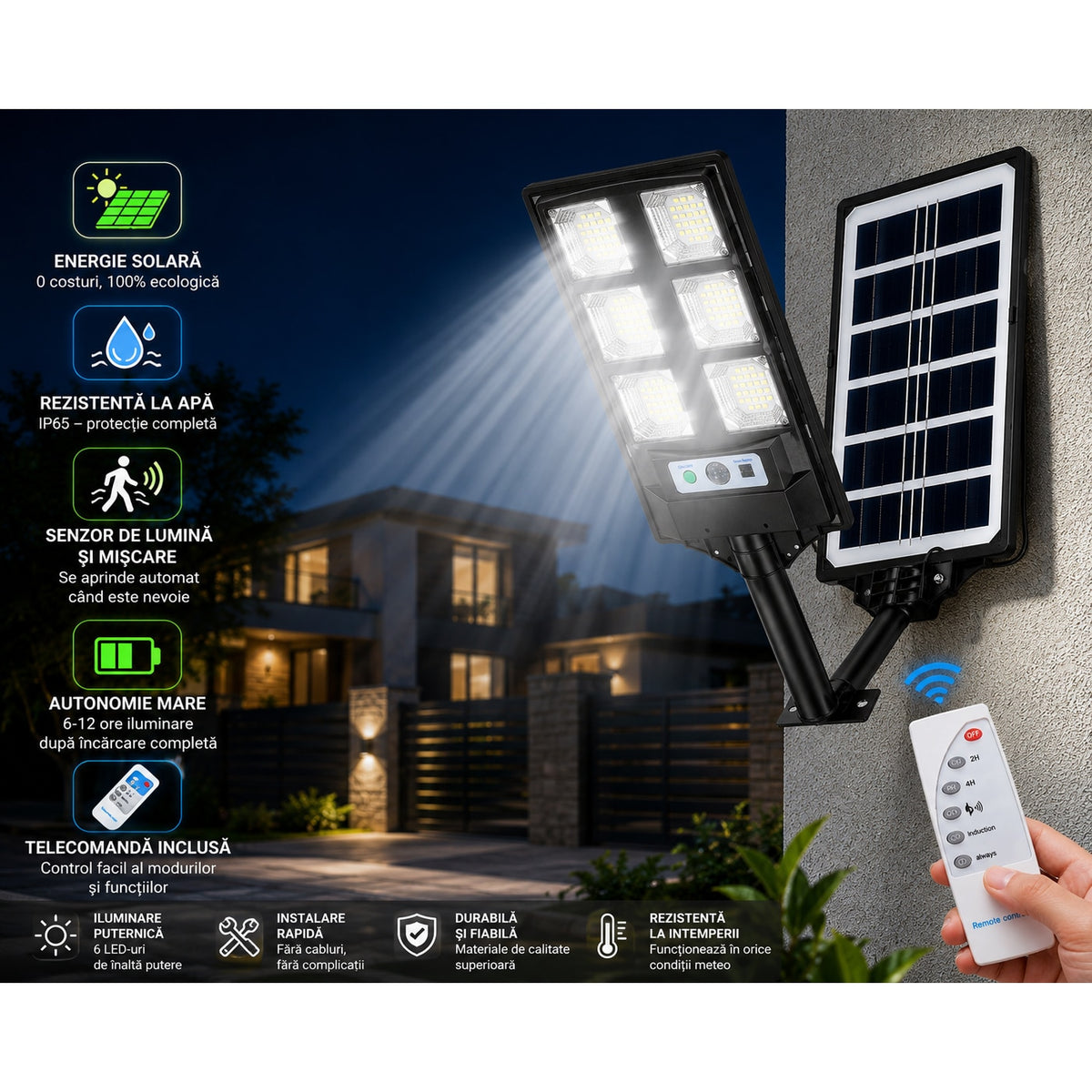 Lampa solara LED cu panou si telecomanda RAZO, Iluminare puternica, Economica, Incarcare solara, Pornire automata, Design rezistent la apa si conditii meteo, 6 module led