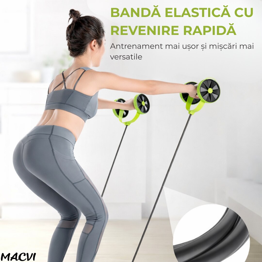 Aparat fitness Macvi® cu role duble si corzi elastice, pentru abdomene, spate, brate si picioare, cu baza antiderapanta
