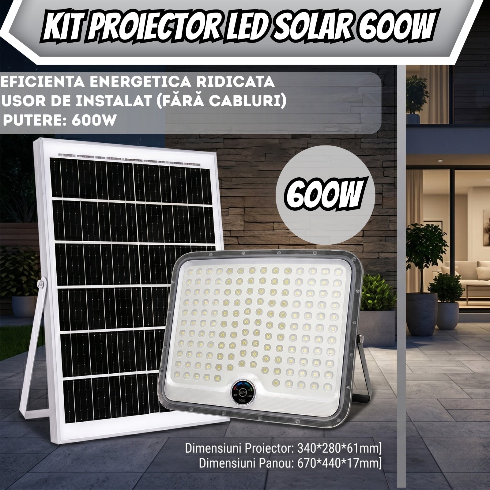 Proiector LED de Iluminat cu Incarcare Solara Premium Infiniteea™, 600W, Kit Complet cu Proiector LED High-Output, Panou Fotovoltaic Monocristalin, Telecomanda Inteligenta a si Kit de Montaj, Autonomie Extinsa, Protectie Rezistent la Intemperii, Negru
