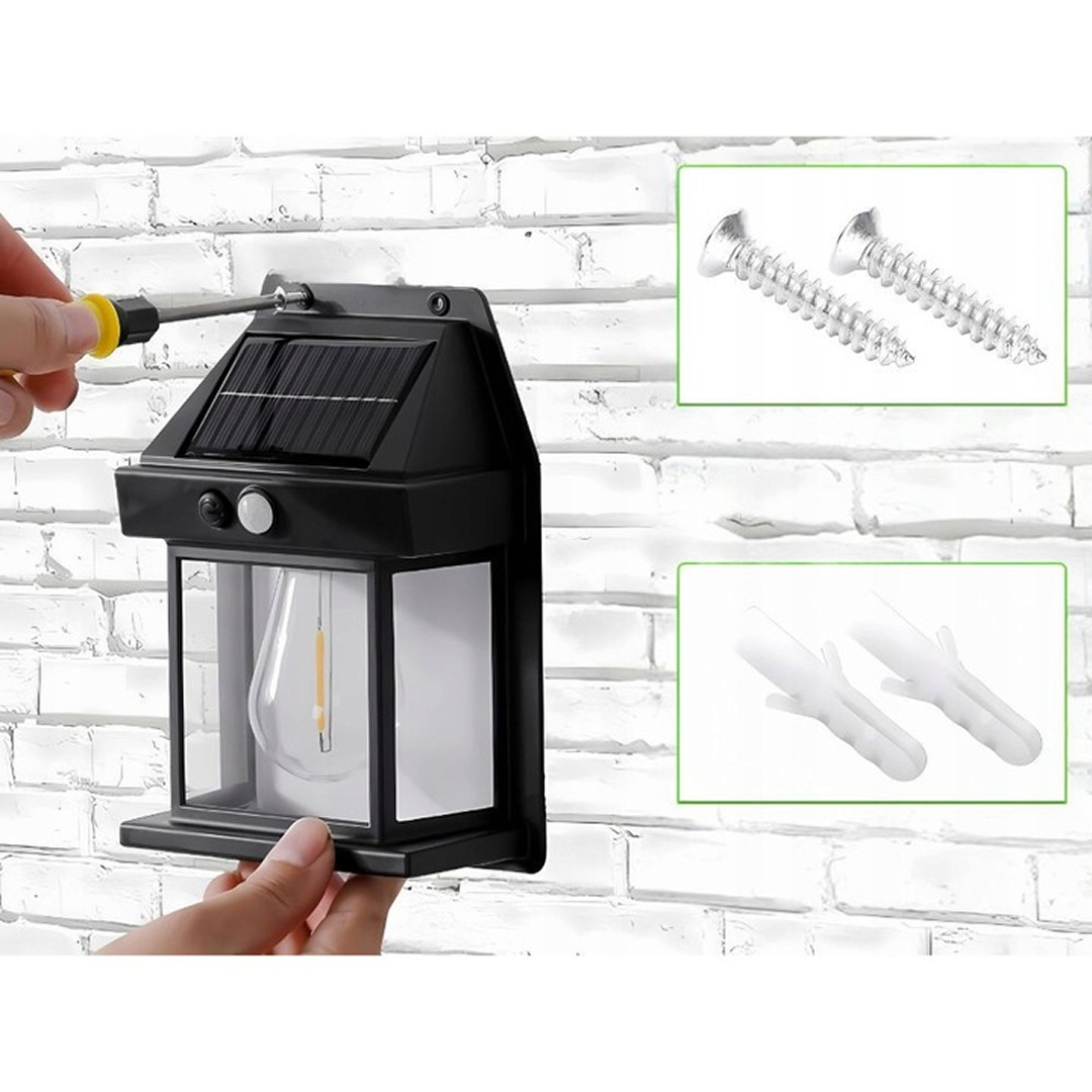 Lampa Solara de Perete LED Tip Felinar | Senzor Miscare si Crepuscul | IP65 | Montaj pe Perete | Negru
