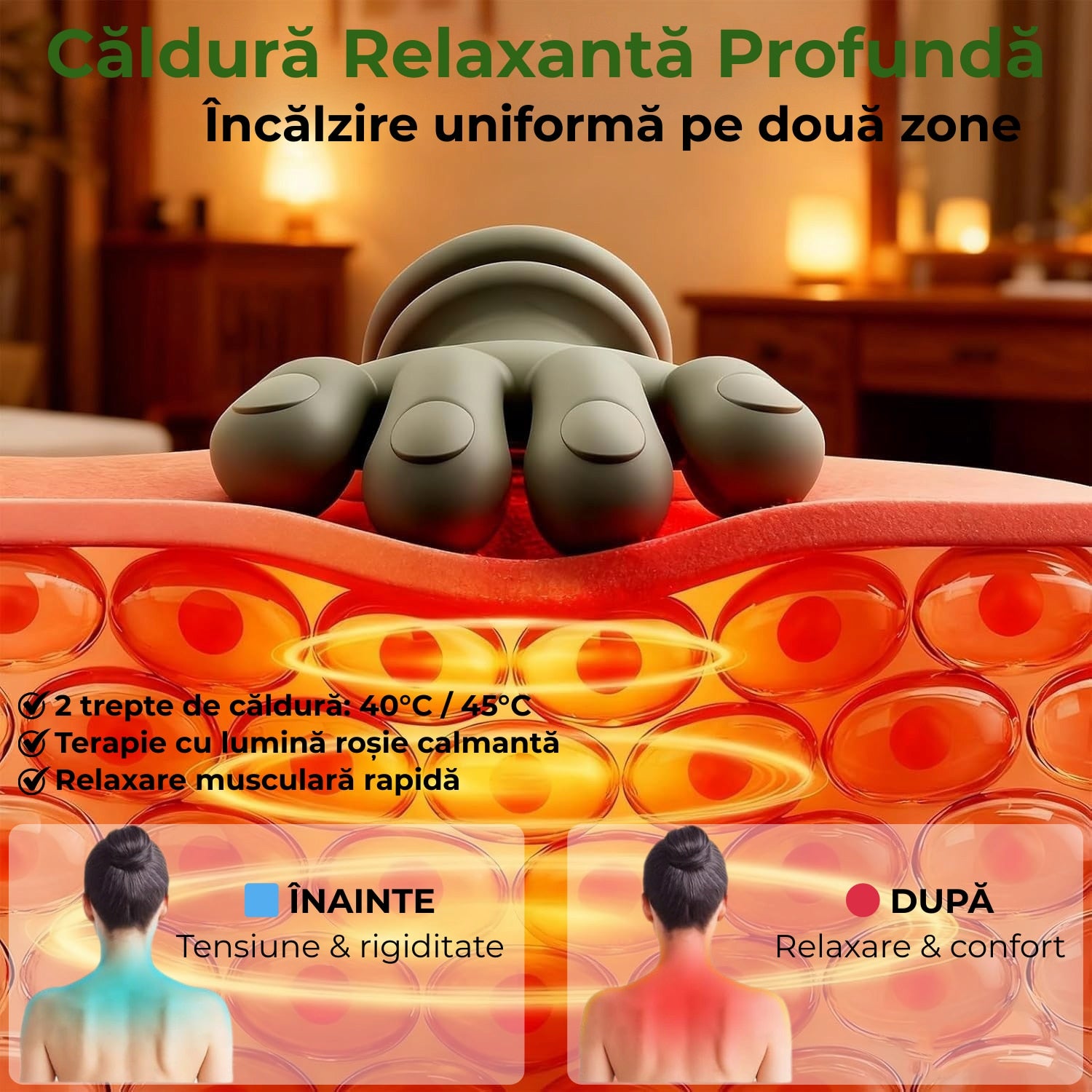 Aparat Masaj Cervical JustNet 4D Shiatsu, Masaj Gat si Umeri, Spate, Brate si Gambe, Incalzire 40/45°C, Wireless, 3 Intensitati, Autonomie 70 min, Motor Silentios, Relaxare si Detensionare Musculara, Cadou