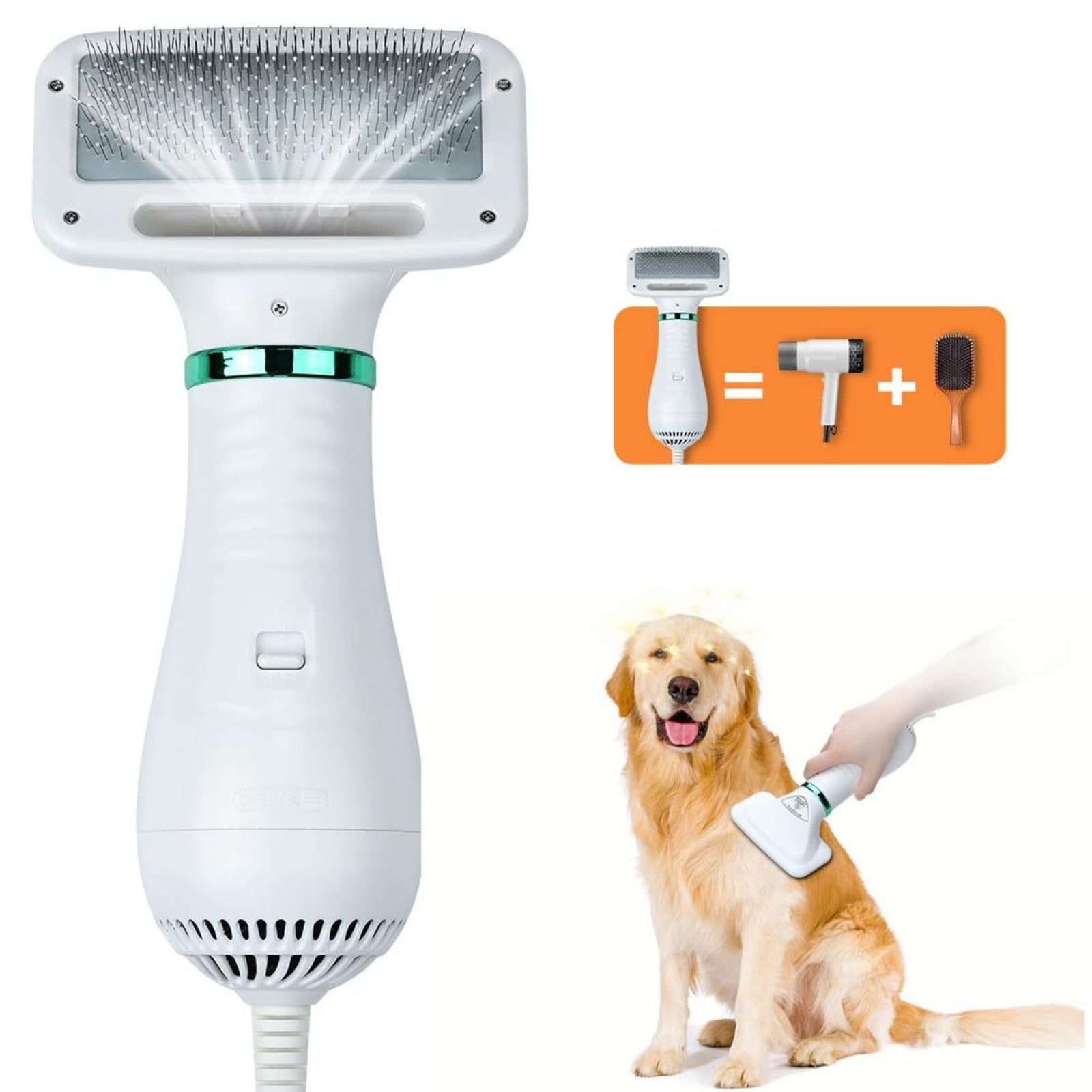 Perie Electrica 2 in 1 pentru Animale Infiniteea™, Descurcare si Uscare Par, Caini si Pisici, Zgomot Redus, Potrivita pentru Toate Taliile, Reduce Naparlirea, Usor de Utilizat, 300w, 2 Trepte de Temperatura, Alb