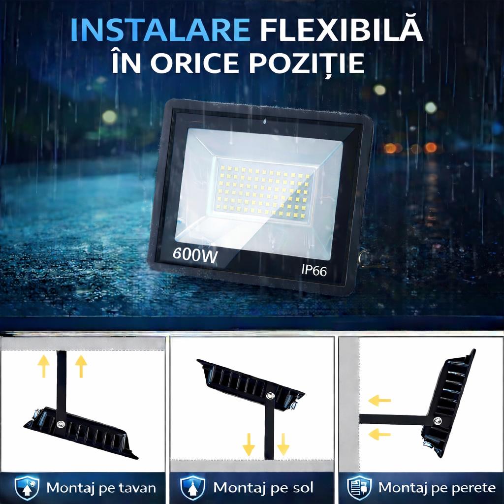 Proiector LED 600W Exterior, 520 LED-uri, Lumina Rece Intensa, Carcasa Aluminiu + Sticla, 40000 Lumeni, IP66 Rezistent la Apa si Praf, Alimentare 220V, Curte, Garaj, Parcare, Iluminare Profesionala