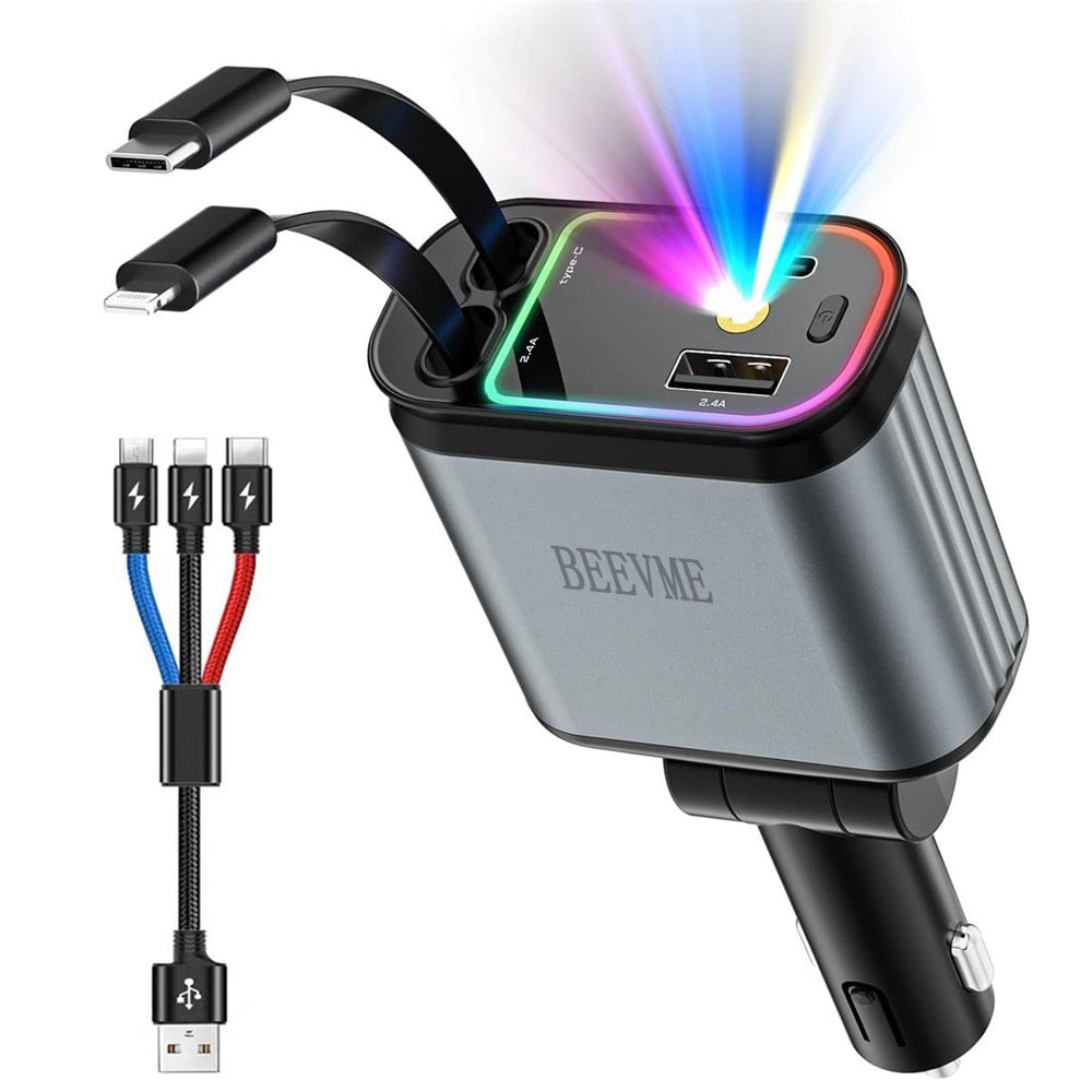 Incarcator auto 66W Fast Charge, cu cablu retractabil si proiector stelar, 3 in 1 cablu inclus, Type-C/Lightning/USB-A, compatibil Apple/Samsung/Huawei, BEEVME, Gri metalizat