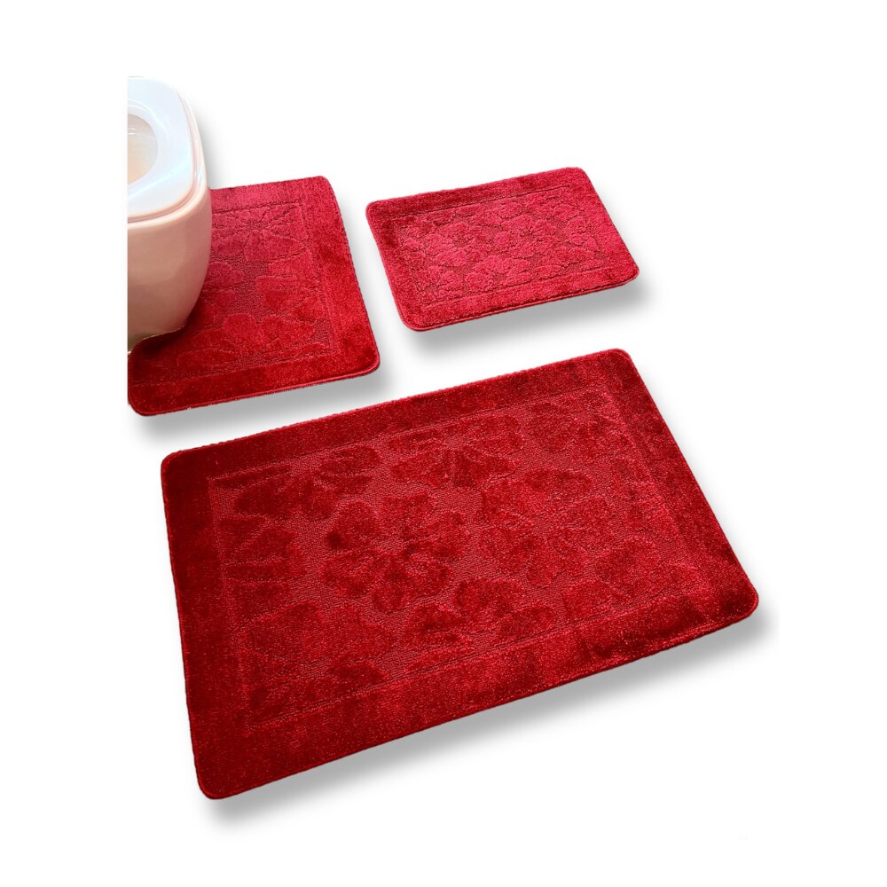 Set covoras de baie - 3 piese, polipropilena, 100x60 - 60x50 - 40x60, Rosu Simplu