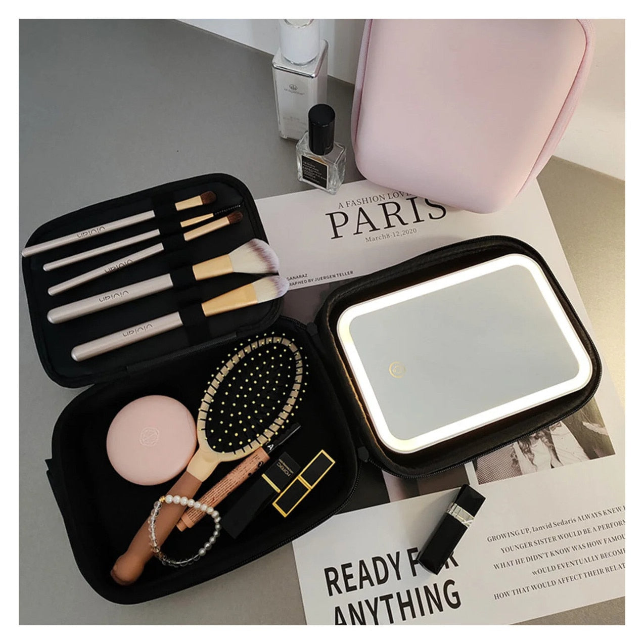 Geanta pentru Cosmetice cu Oglinda LED, Portabila, Calatorii, Material Premium, Roz