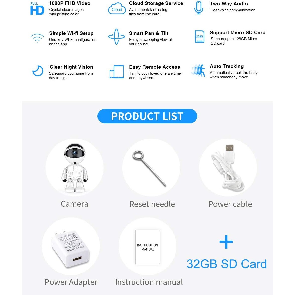 Camera de supraveghere Smart Robot，Cu Functie Baby Monitor，Rotire 360 grade，Full HD 1080P，Camera WiFi，Wireless Audio Video+card 32G, Night Vision, Detectarea miscarilor，Two-Way Audio，Alb