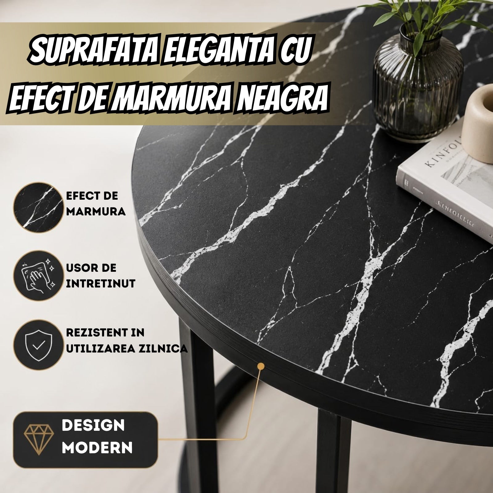 Set 2 Masute Cafea Rotunde Infiniteea™, 2 in 1, Blat PAL Laminat Efect Marmura Neagra, Cadru Metalic, Masa Mare 70x70x47 cm, Masa Mica 50x50x39.5 cm, Design Modern, Ideal pentru Living, Negru