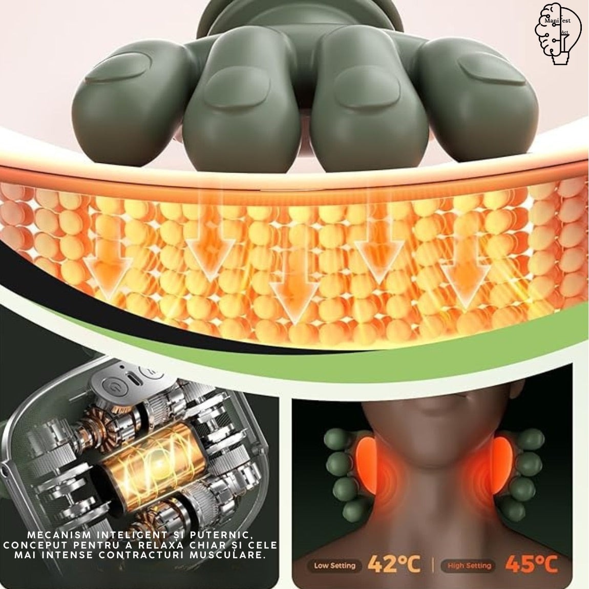 Aparat masaj cervical gat si umeri 4D cu incalzire, ManifestAct profesional, fara fir, masaj ce imita mana umana, 3 moduri, cu autonomie mare la baterie pentru relaxare si dureri musculare perfect pentru un cadou pentru cei dragi GARANTIE 5 ANI