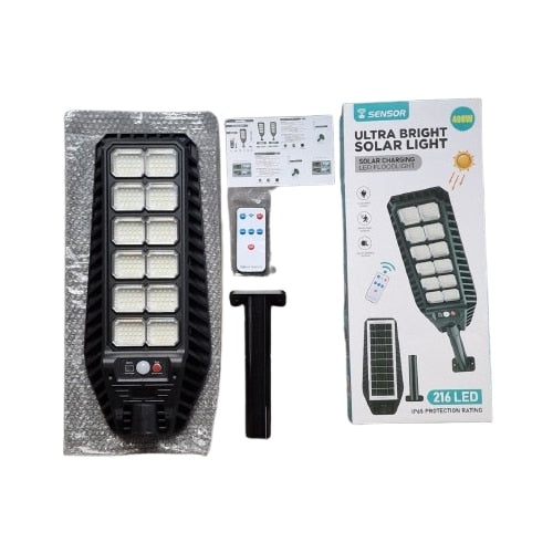 Lampa stradala solara LED 400W, 216 LED-uri, cu senzor de miscare si telecomanda, IP65, incarcare solara, lumina alb rece