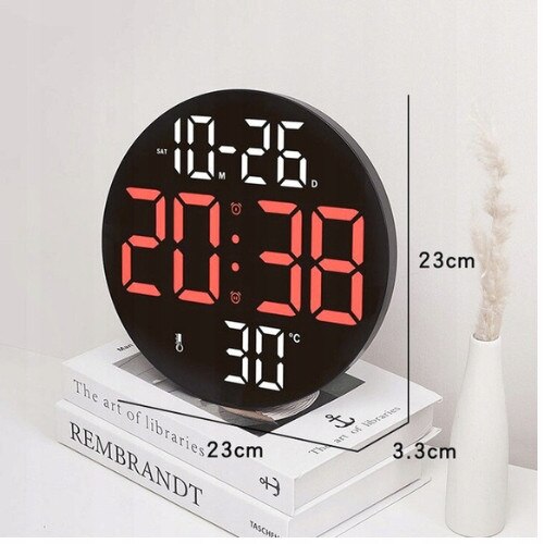 Ceas digital LED modern cu alarma, 25,5x25,5x3cm, rosu cu cifre, set cu telecomanda