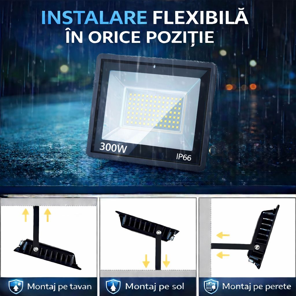 Proiector LED 300W Exterior, 168 LED-uri, Lumina Rece Intensa, Carcasa Aluminiu + Sticla, 15000 Lumeni, IP66 Rezistent la Apa si Praf, Alimentare 220V, Curte, Garaj, Parcare, Iluminare Profesionala