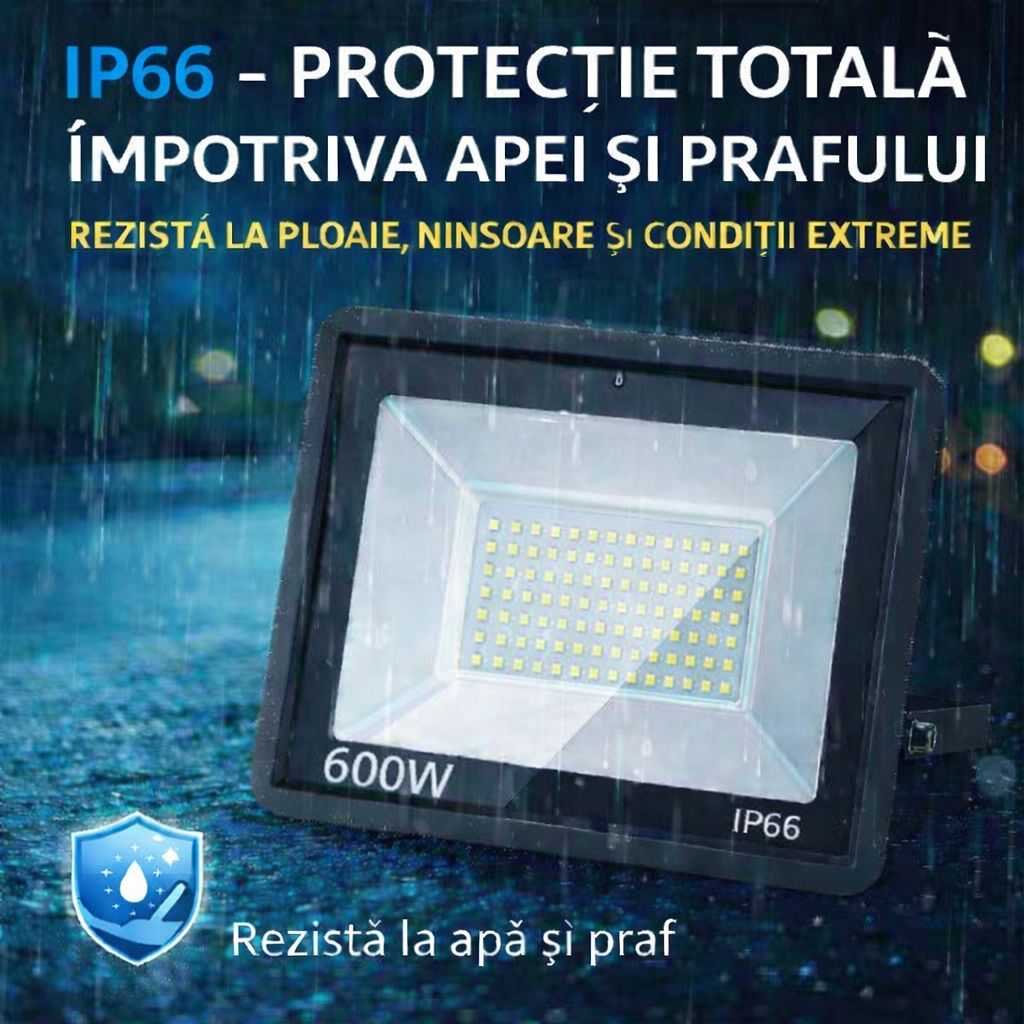 Proiector LED 600W Exterior, 520 LED-uri, Lumina Rece Intensa, Carcasa Aluminiu + Sticla, 40000 Lumeni, IP66 Rezistent la Apa si Praf, Alimentare 220V, Curte, Garaj, Parcare, Iluminare Profesionala