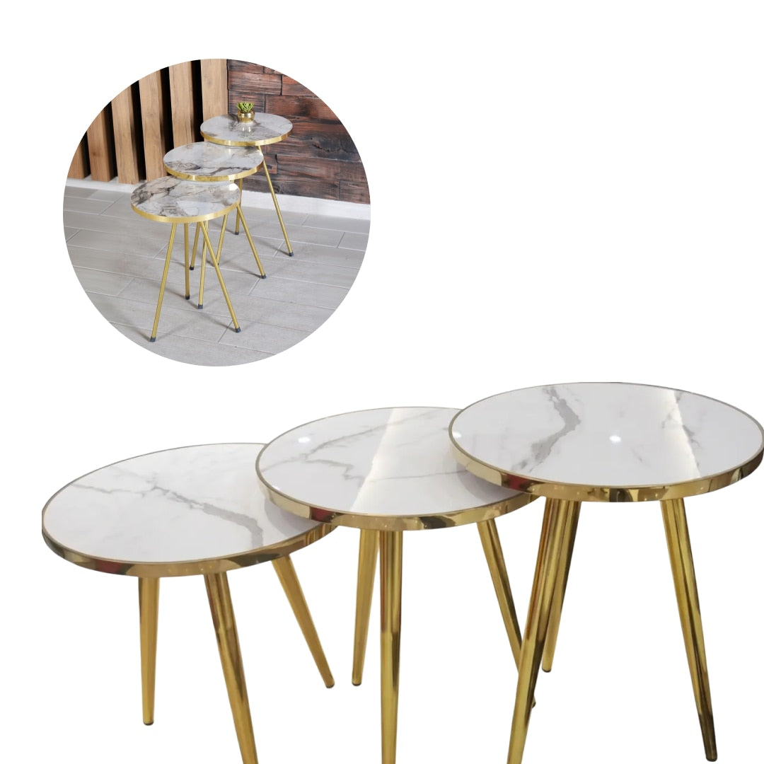 Set 3 Masute Cafea Rotunde Tip Nesting, Blat Efect Marmura, Cadru Metalic Auriu, Alb, Design Premium