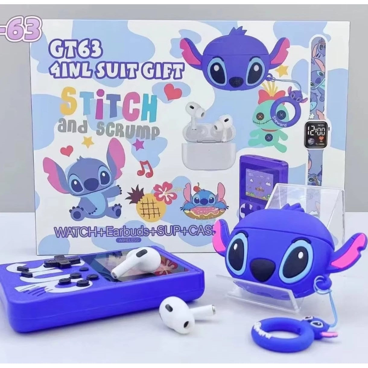 Set cadou 4 in 1, ceas, consola casti si breloc stich albastru
