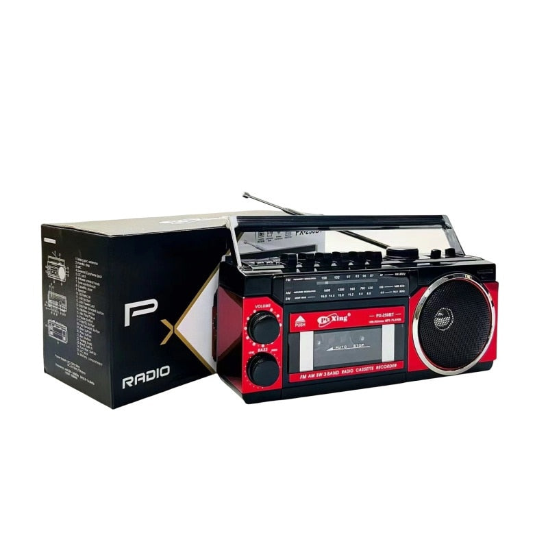 Radio portabil, Bluetooth, banda completa, FM/AM/SW, 110V/60Hz-220V/50Hz, card SD, USB, interfata audio de 3,5 mm, putere mare, buton multifunctional, suport redare caseta, raport semnal-zgomot 30dB, calitate sunet HD, stil retro, rosu