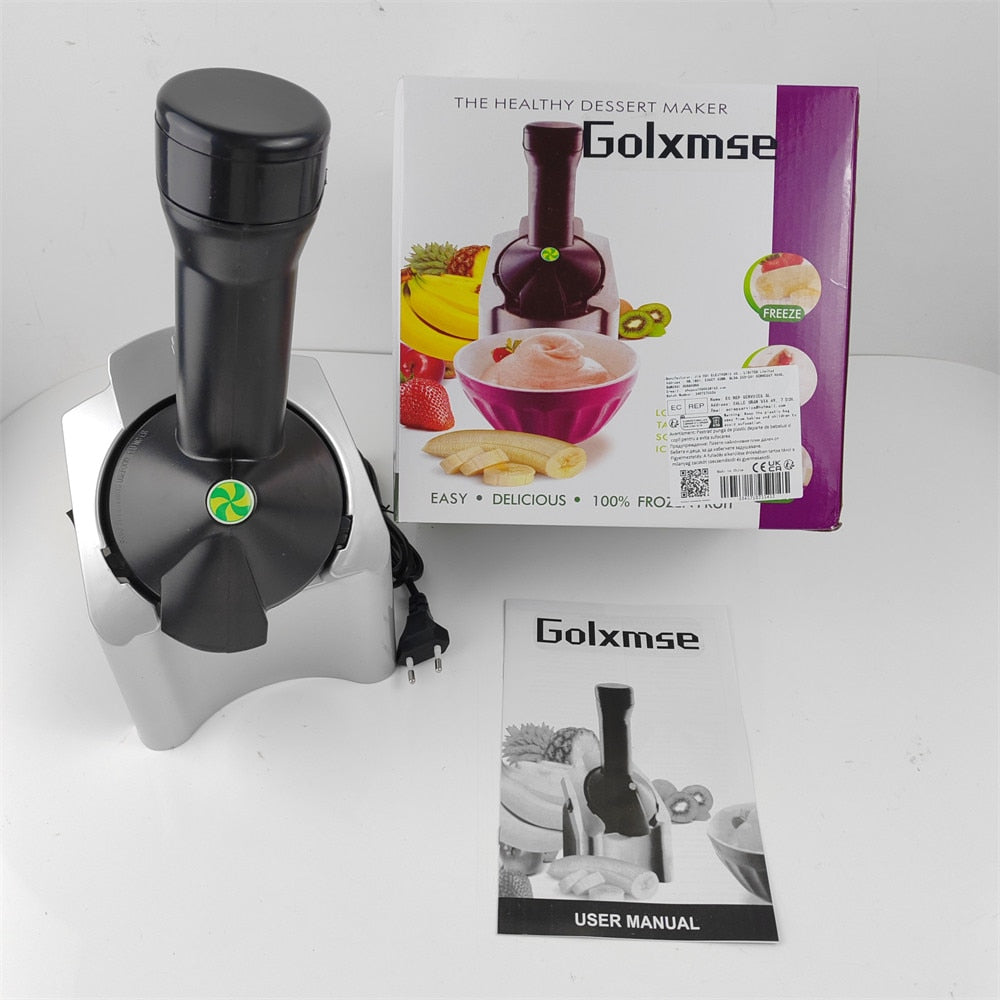 Masina de inghetata, Golxmse, 200W, argintie, cu blocare de siguranta, comutator cu un singur buton, pentru iaurt din fructe congelate