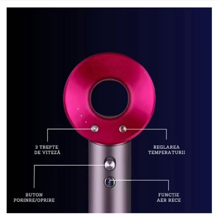 Uscator de Par Ultrasonic, Leafless Hair Drier, 3 Trepte de Viteza Aer Cald/Rece, Difuzor de Aer, Putere 1600W, Anti-Frizz