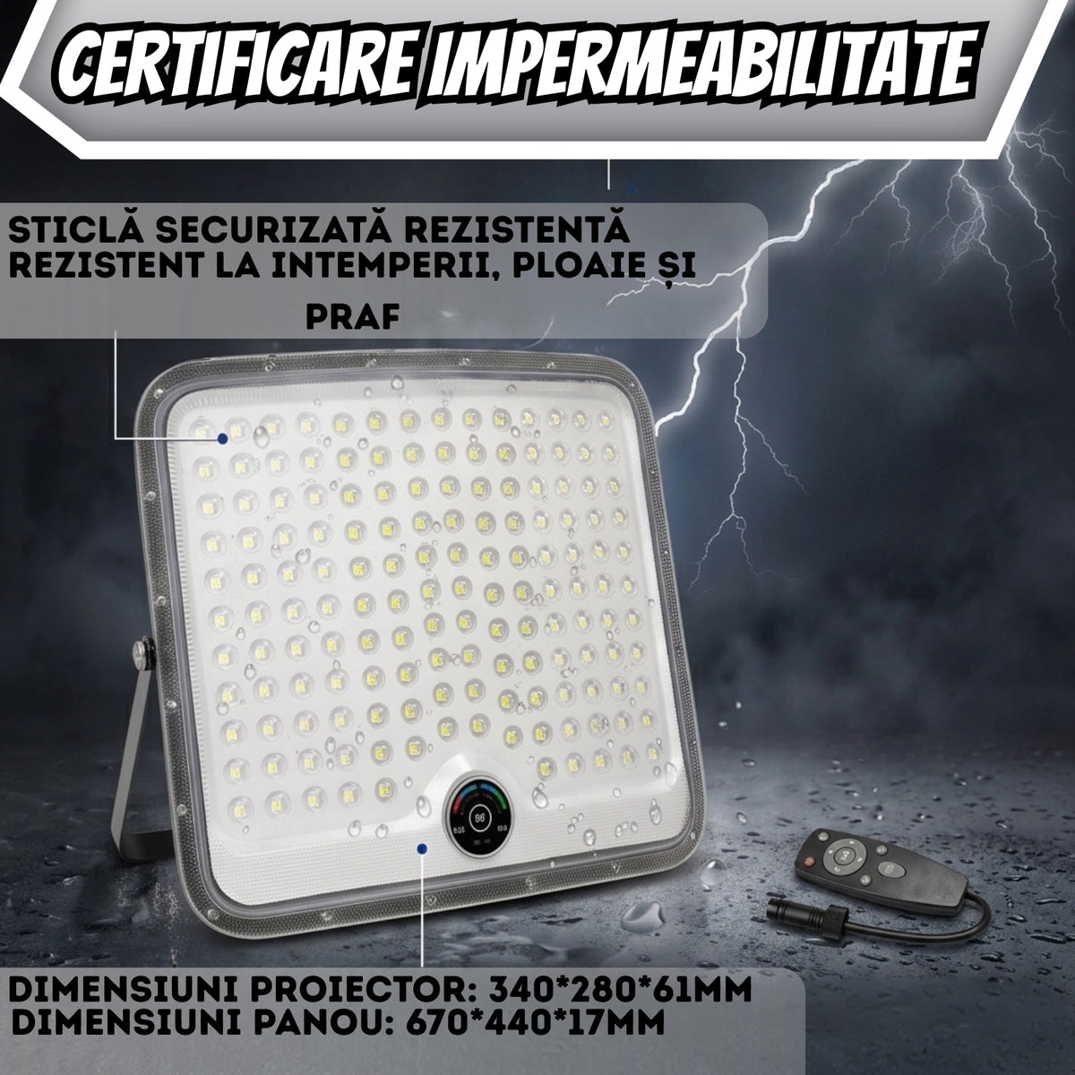 Proiector LED de Iluminat cu Incarcare Solara Premium Infiniteea™, 400W, Kit Complet cu Proiector LED High-Output, Panou Fotovoltaic Monocristalin, Telecomanda Inteligenta a si Kit de Montaj, Autonomie Extinsa, Protectie Rezistent la Intemperii, Negru