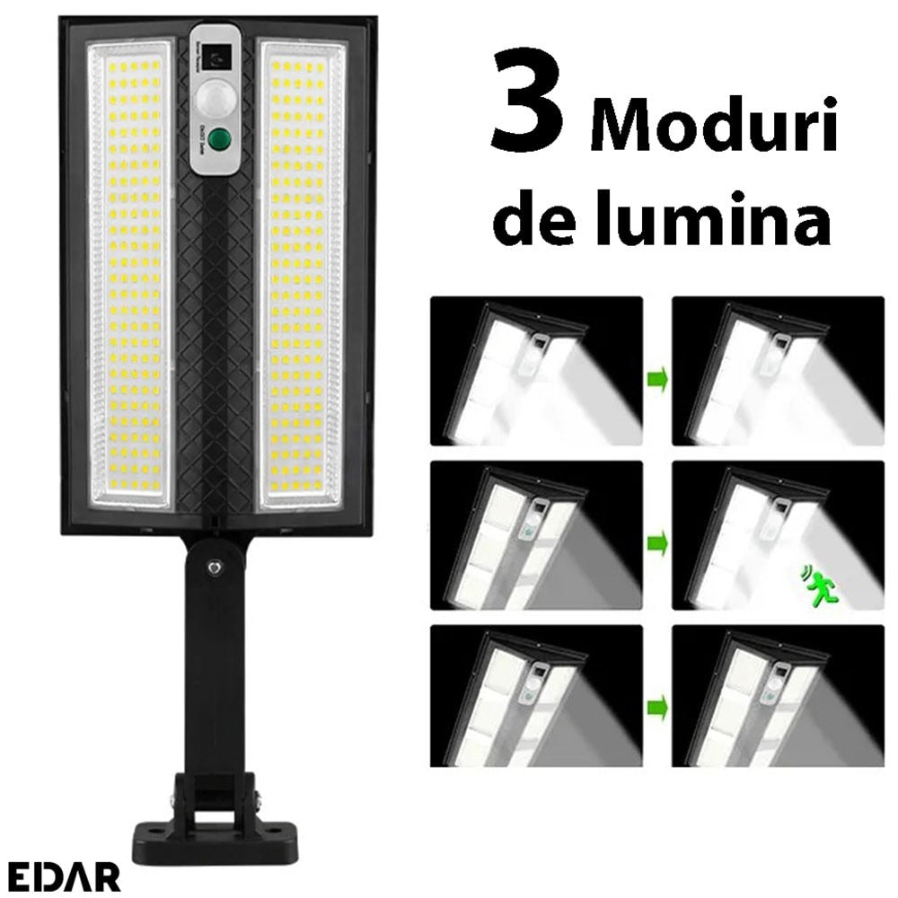 Lampa Solara EDAR Pentru Exterior Cu Montare Pe Perete, Panou Solar Incorporat, Control Telecomanda, 3 Moduri De Lumina, Grad Protectie IP65, Rezistenta La Apa, 270 Led, Negru