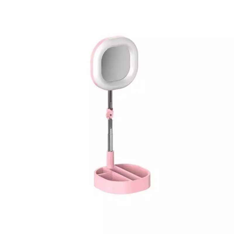 Lampa circulara patrata SIKS® de machiaj, cu oglinda si suport telefon/accesorii, portabil, 64 leduri, roz