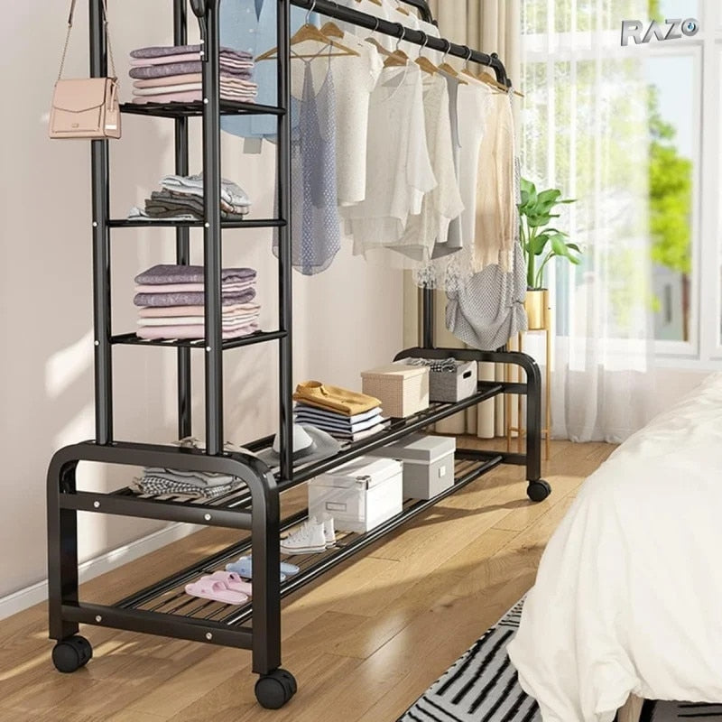 Suport metalic dublu pentru haine cu roti RAZO, Capacitate 58 kg, 2 bare umerase, 2 rafturi pantofi, 160x110x55 cm, Negru